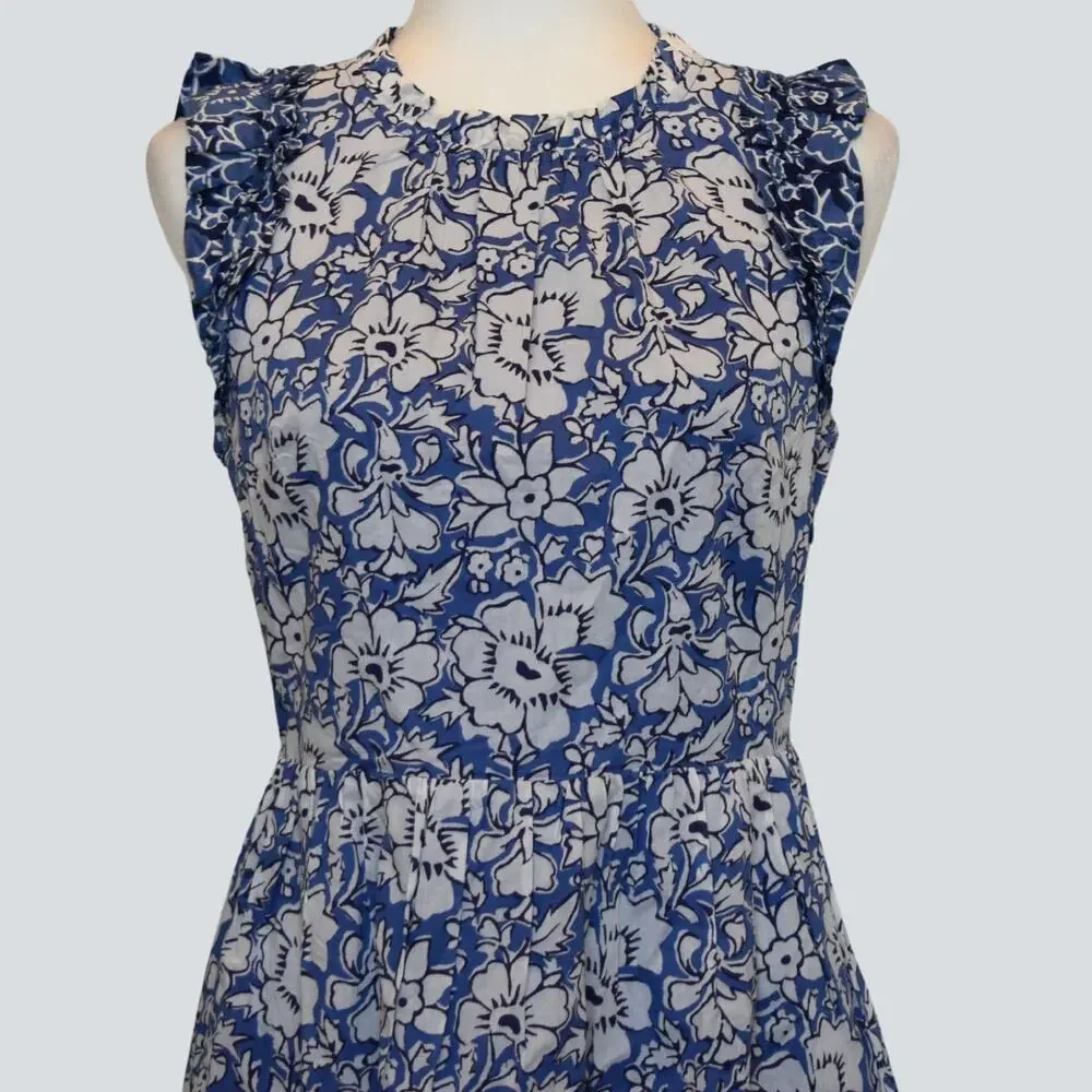 J.Crew Blue Floral Tiered Midi Dress Ruffle Size 6 Woodblock Indigo Cotton